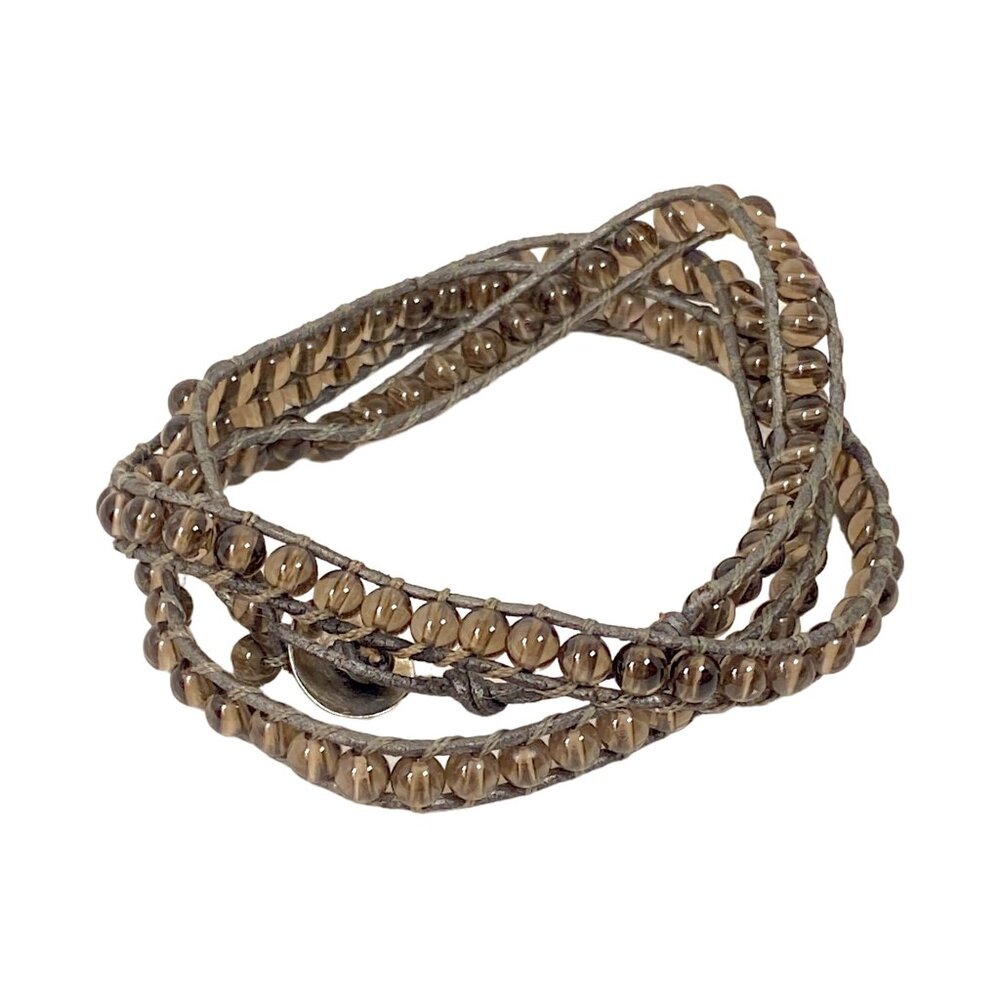 Smoky Quartz Wrap Bracelet 22" Bead Macrame 925 Sterling Silver Button Healing
